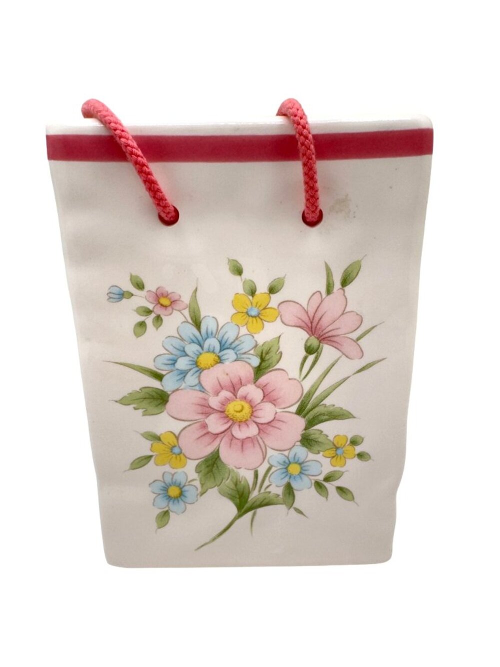 Vintage 1986 FTDA Ceramic Floral Gift Bag Vase W/ Pink Rope Handles